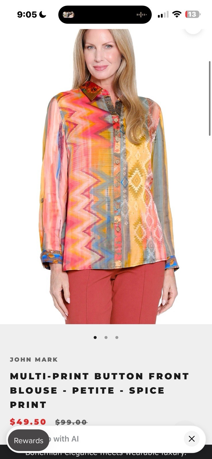John Mark Size 2X Floral Roll-Tab Sleeve southwestern-inspired multi-print NWT