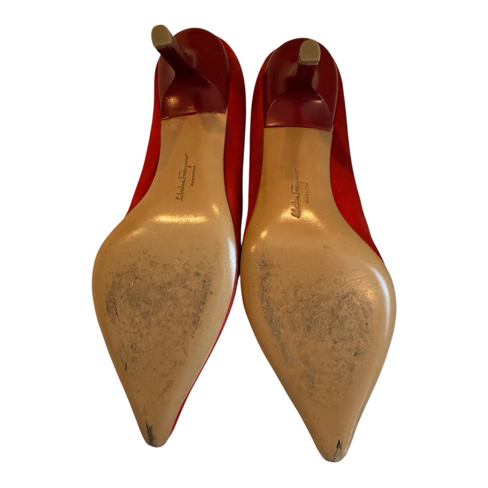 Vintage 1960s Salvatore Ferragamo Red Satin Pumps Heels 8.5 Made in Italy RARE