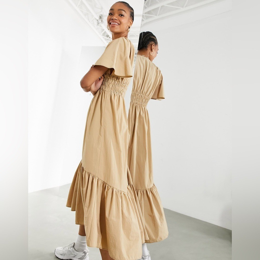 ASOS Edition Shirred-Waist Tiered Midi Dress Camel Women’s 2