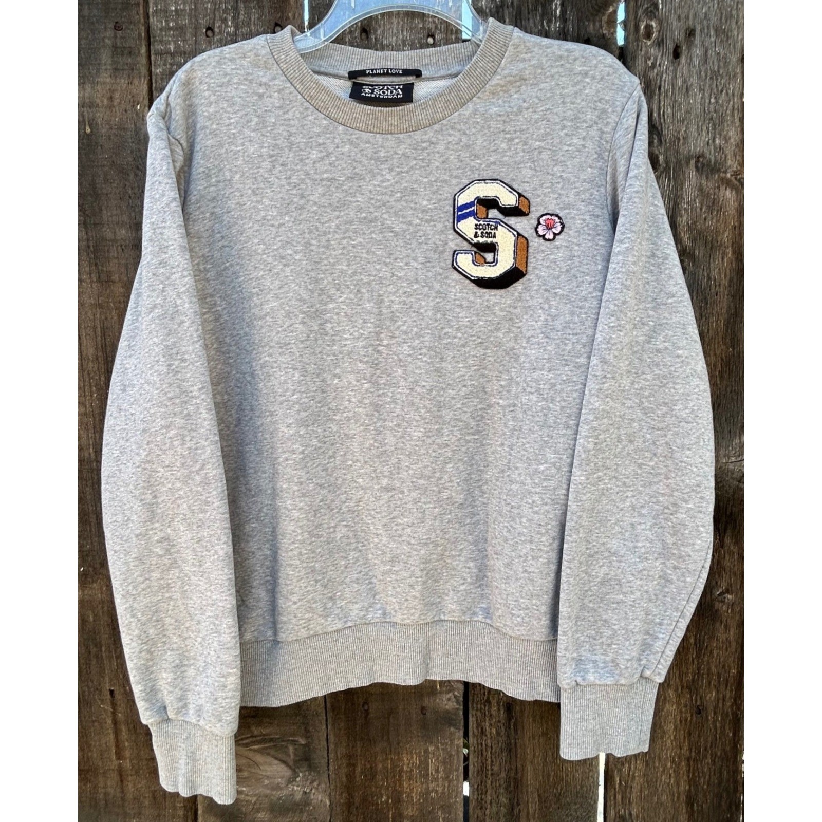 Scotch & Soda Planet Love Womens L Gray Crewneck Sweatshirt Organic Cotton