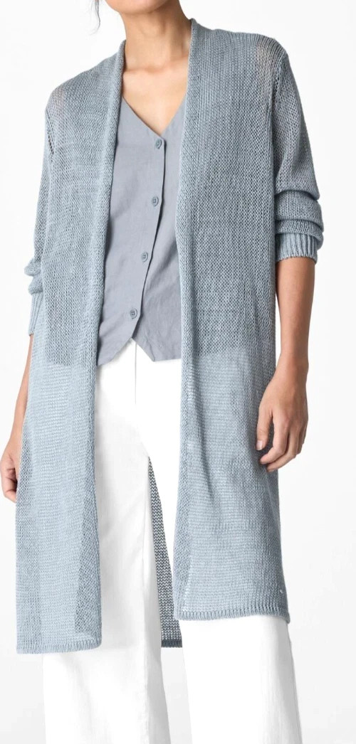 NWT $298 Eileen Fisher Organic Linen Cotton Cord Long Cardigan PP Greystone
