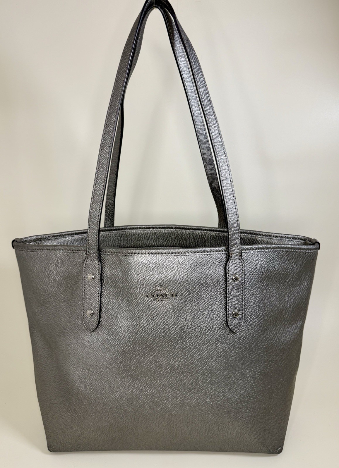 Coach City Zip Tote F16224 Metallic Silver Crossgrain Leather Zip Shoulder Bag