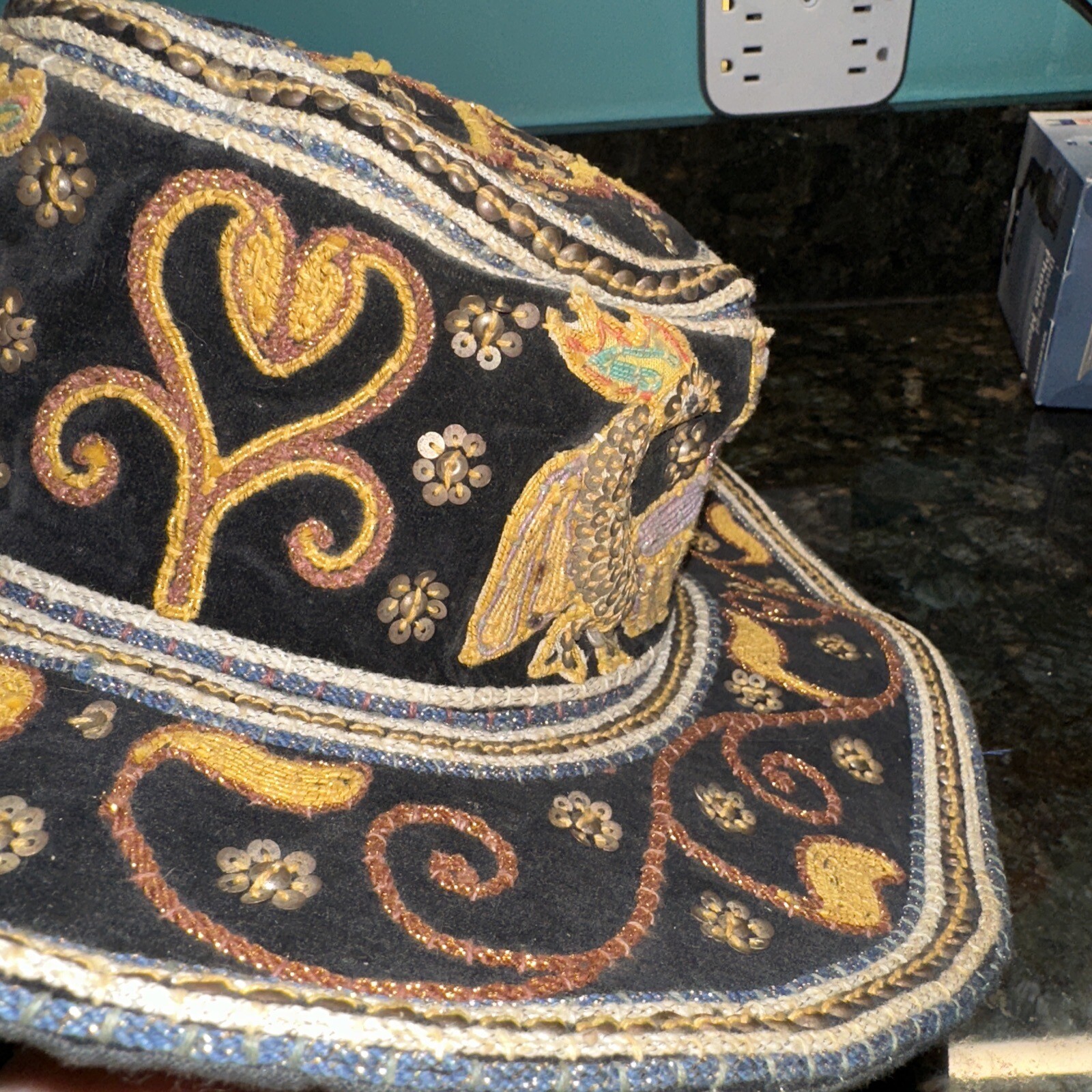 Vintage Myanmar Burmese Burma Kalaga Floppy Boho Hat Phoenix Sequins Embroidery