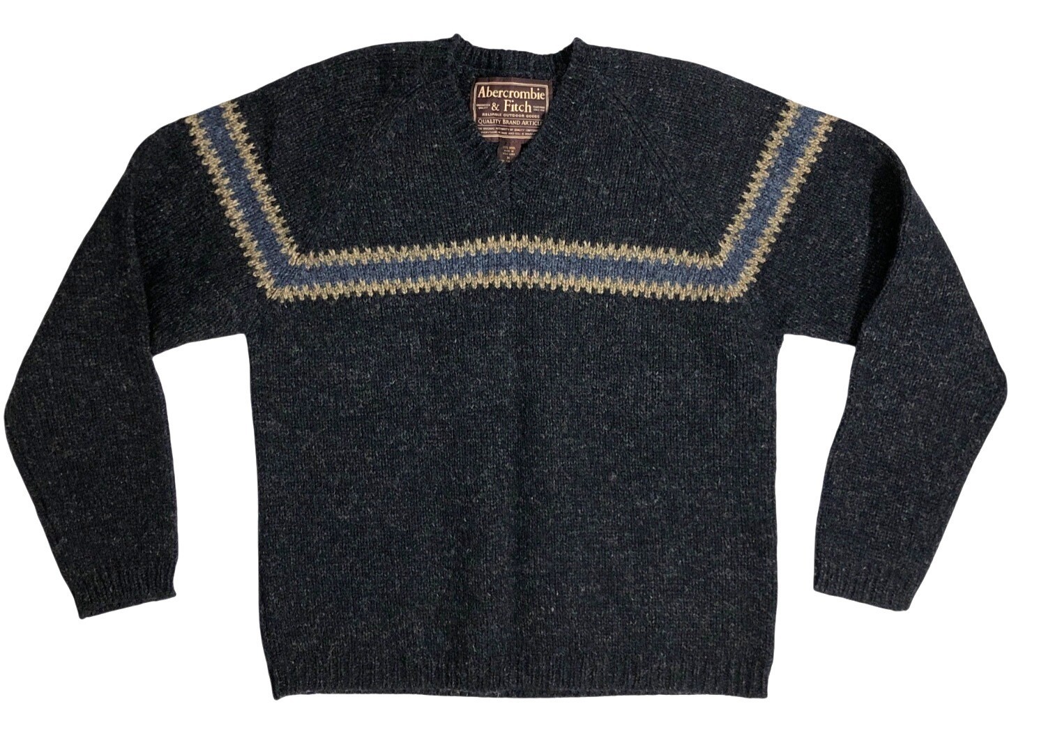 VTG 90s Y2K Abercrombie & Fitch Wool Sweater Mens M Chevron Dark Gray V-Neck Blu