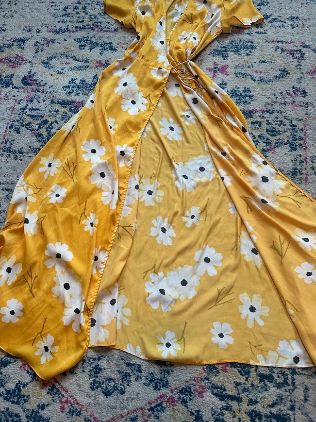 Madewell Puff-Sleeve Floral Yellow Daisy Wrap Midi/Maxi Dress – Small