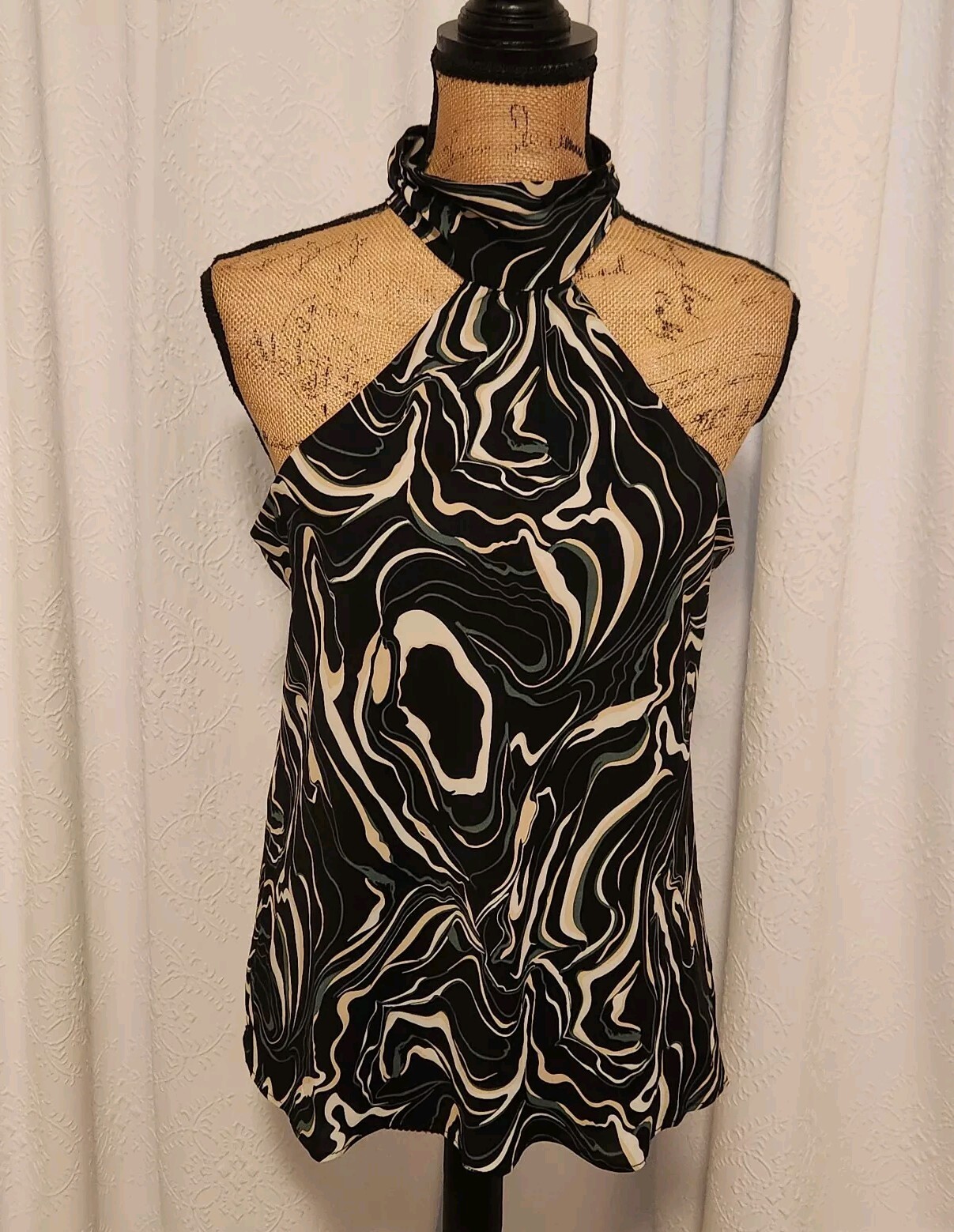 Heartloop Women’s M Black Green Marbled Chiffon Sleeveless High Neck Blouse Top