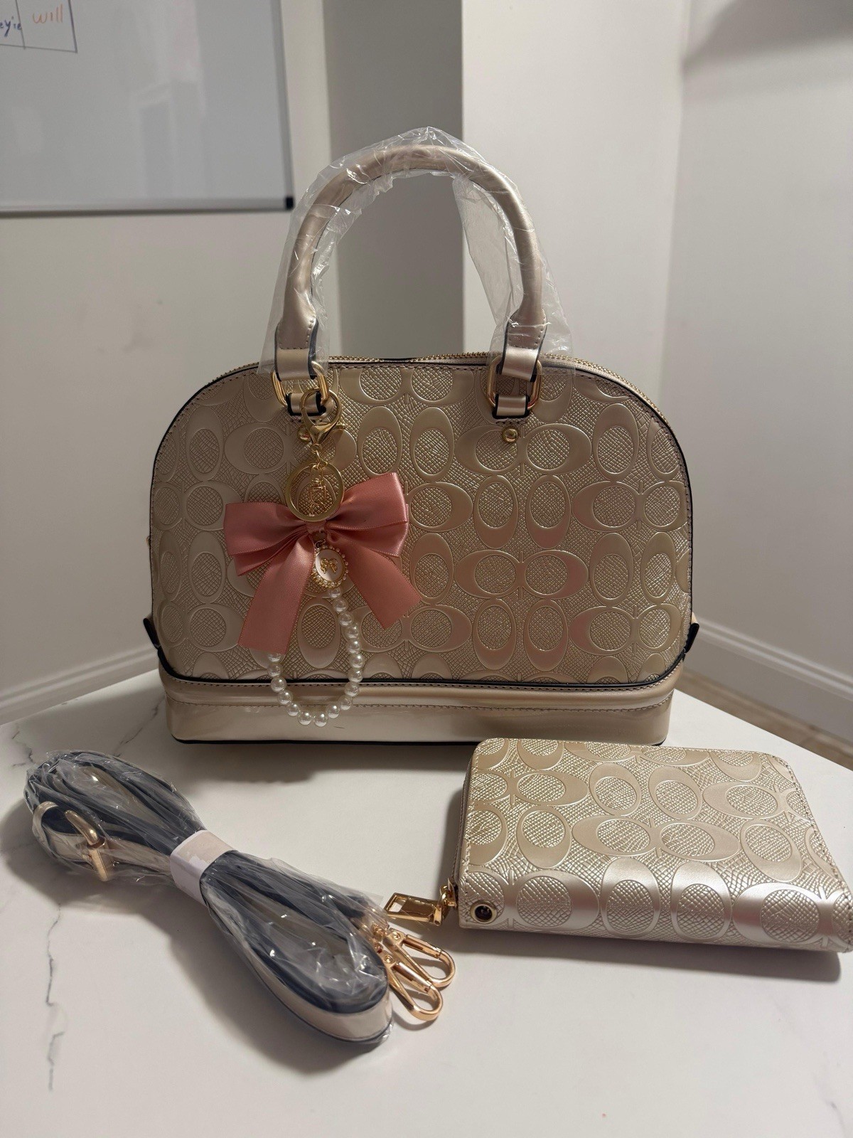 Beige Logo Satchel Top Handle Bag, Zip Closure, Bow Charm, Wristlet, Gold HW