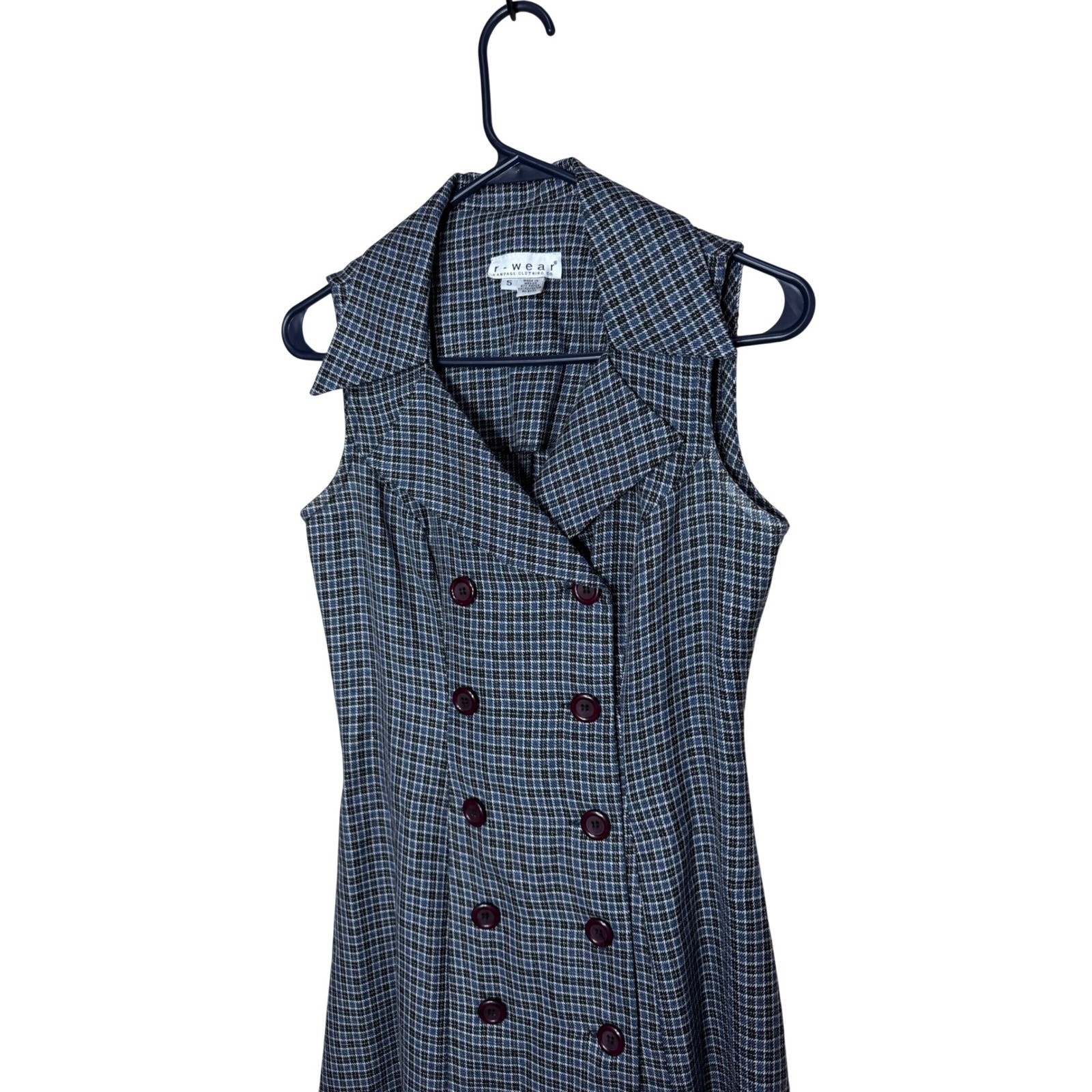 Rampage Vintage 90s Blue Plaid Double Breasted Sleeveless Mini Dress Sz 5