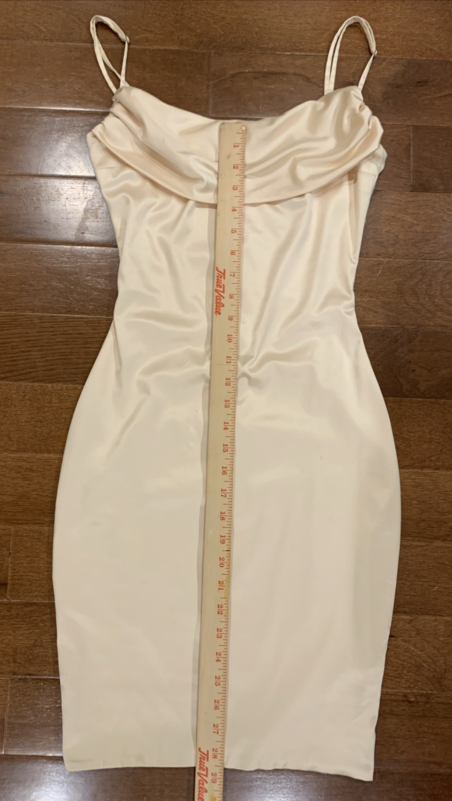 Oh Polly Champagne Stretch Satin Mini Slip Dress Straps Cowl Drape Zip US 4 UK 8