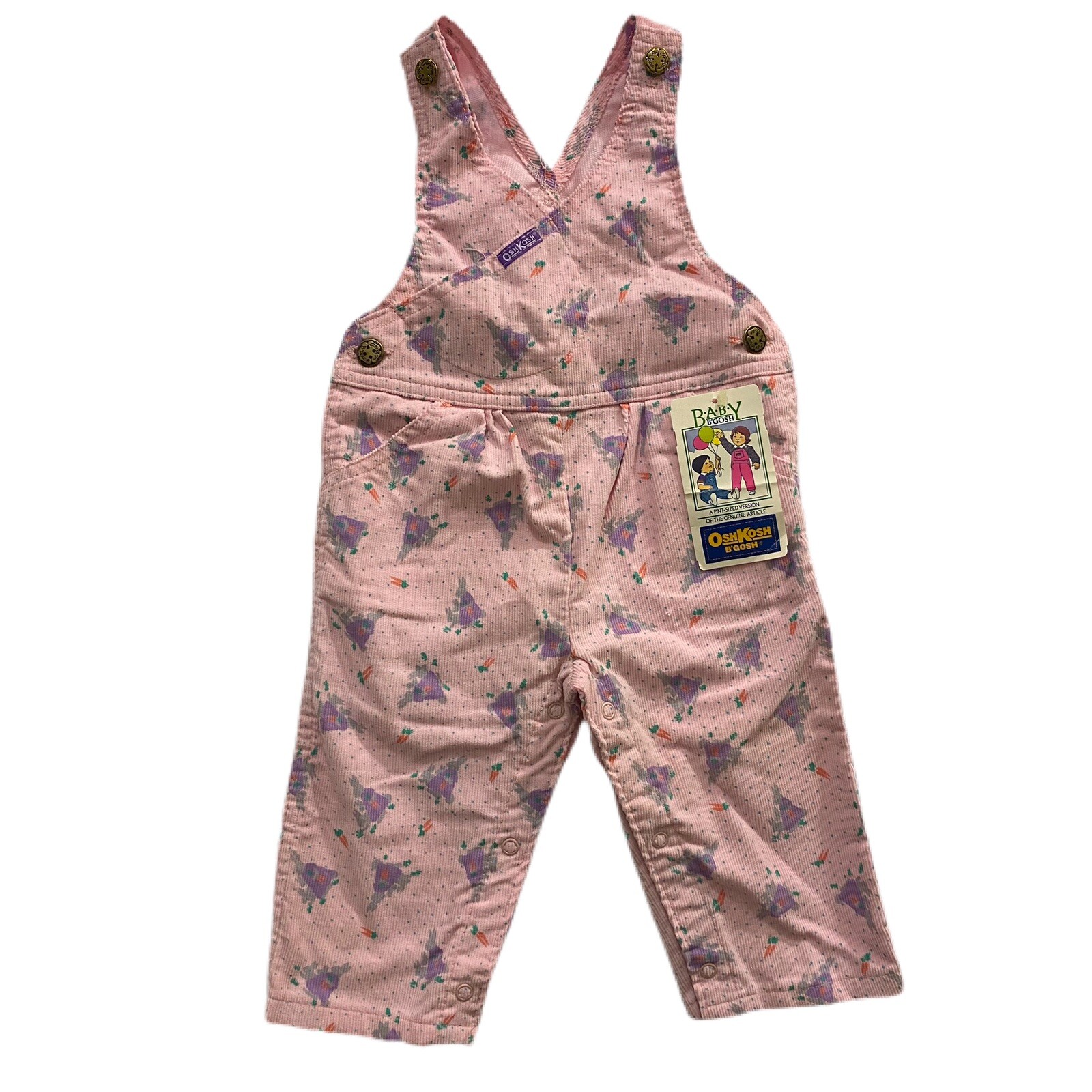 Vintage NWT OshKosh B’Gosh Overalls Vestbak Pink Rabbit Print Corduroy Size 18 m