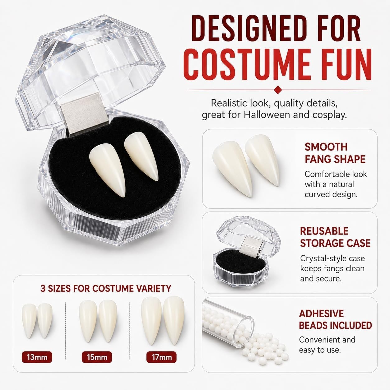 Realistic Vampire Fangs with 3 Sizes and Adhesive – Ideal for Halloween Parties