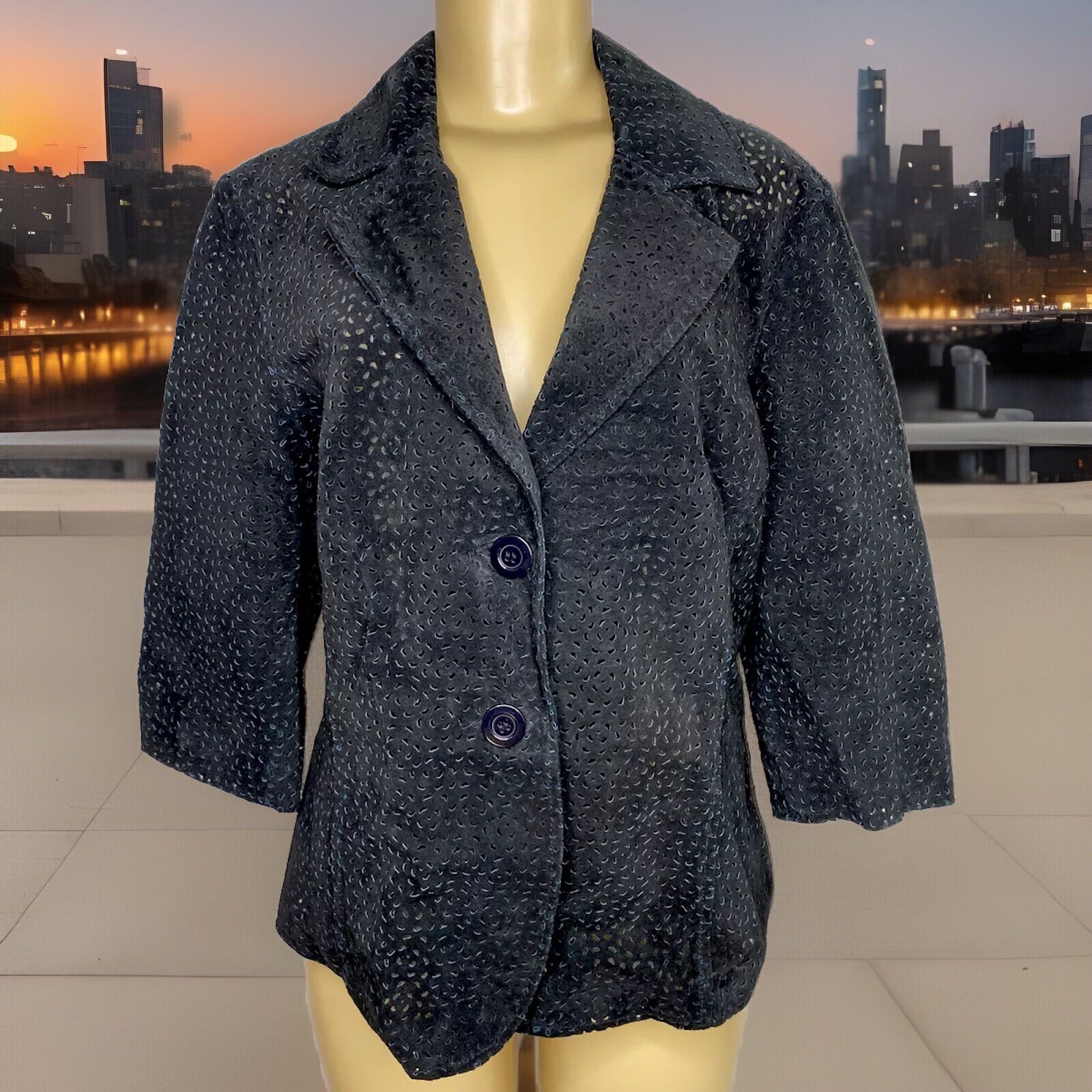 Vintage Terry Lewis Leather Jacket Women Sz M Perforated Suede 3/4 Sleeves Retro