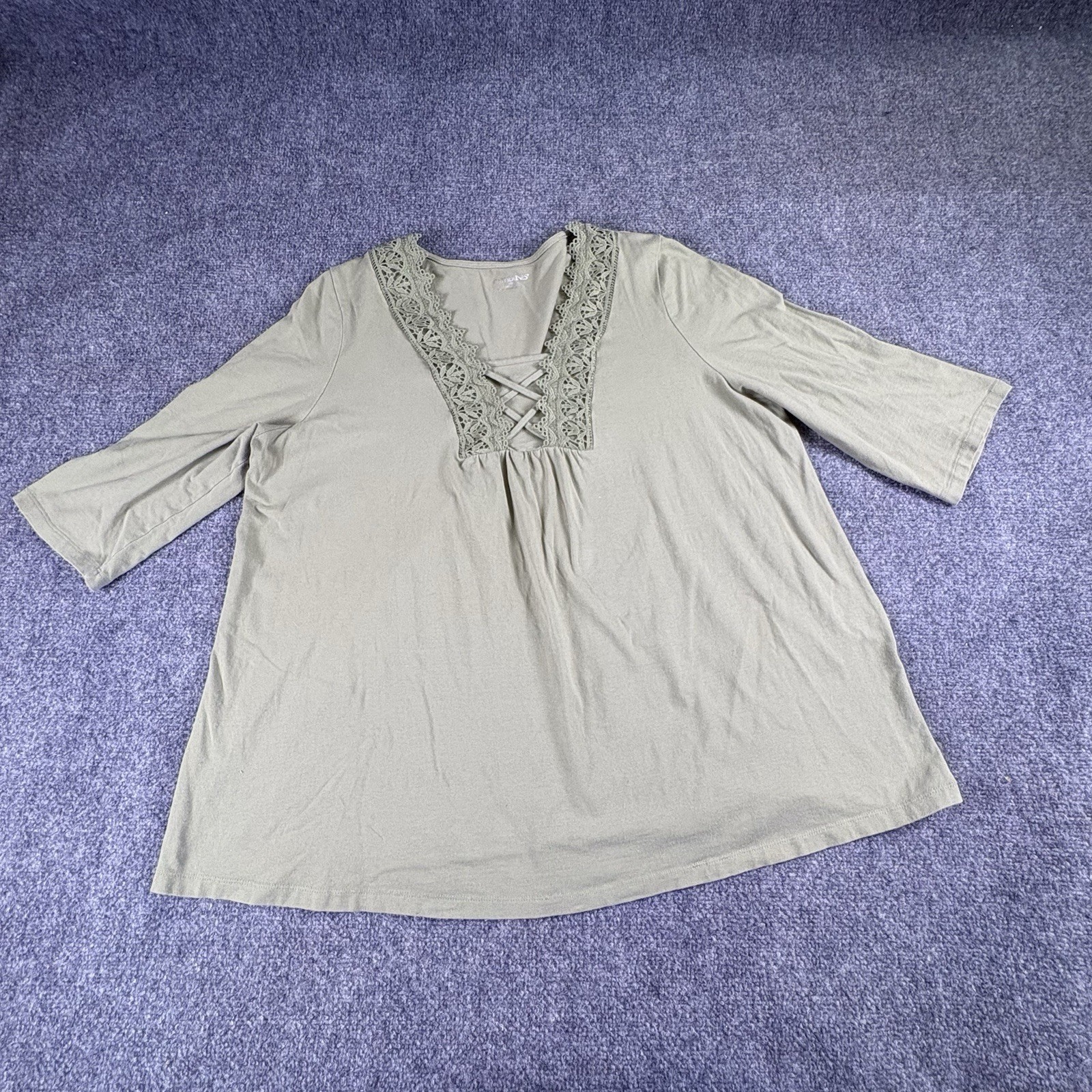 Catherines Top Womens 1X Green Boho Cottagecore Lace Trim Peasant Festival Artsy