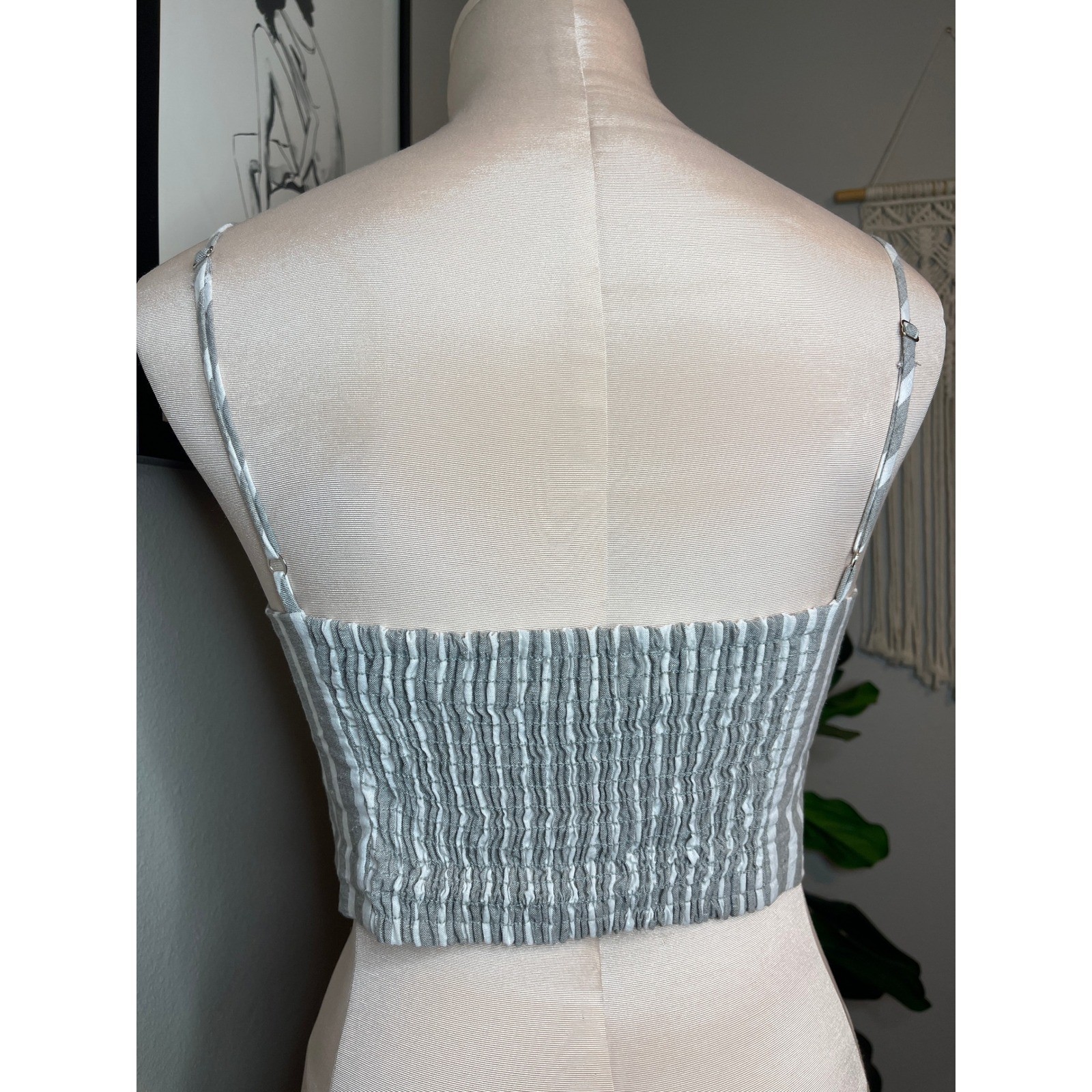Blue Life Mila Tie Front Top Grey White Stripe Linen Cotton XS