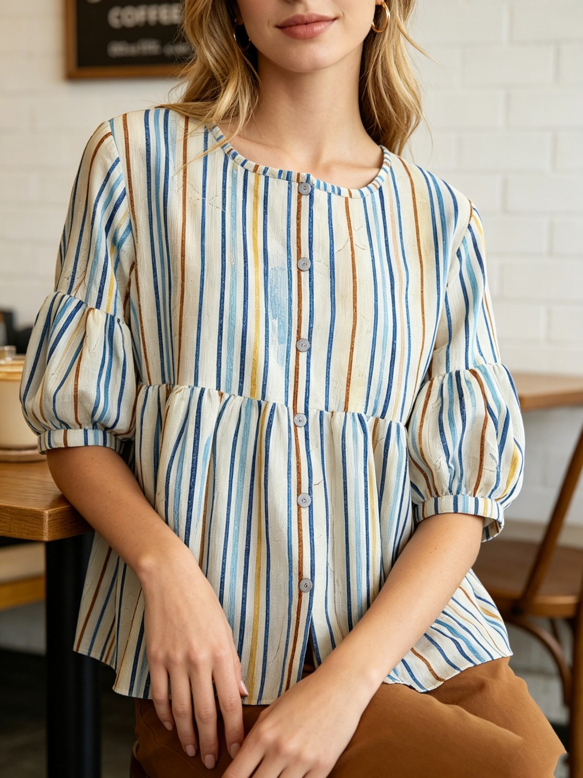 Breathable Comfort Womens Crew Neck Button Shirt Short Puff Sleeve Summer Blouse