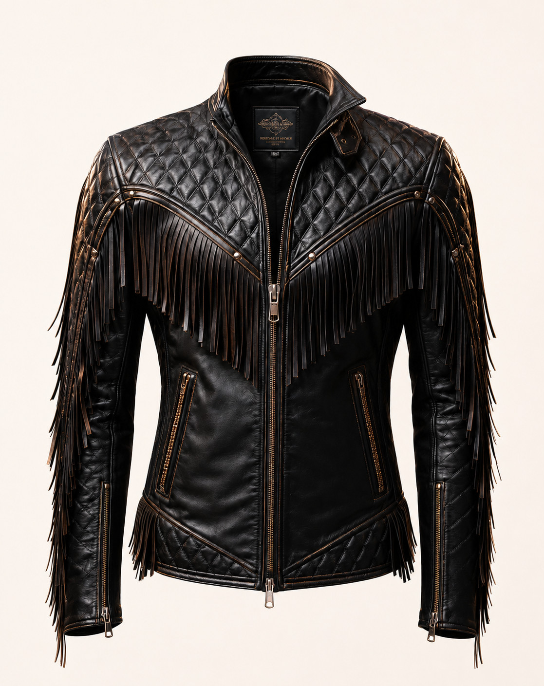 Mens Black Fringe Leather Biker Jacket – Quilted Western – Moto Zip Up StyleCoat