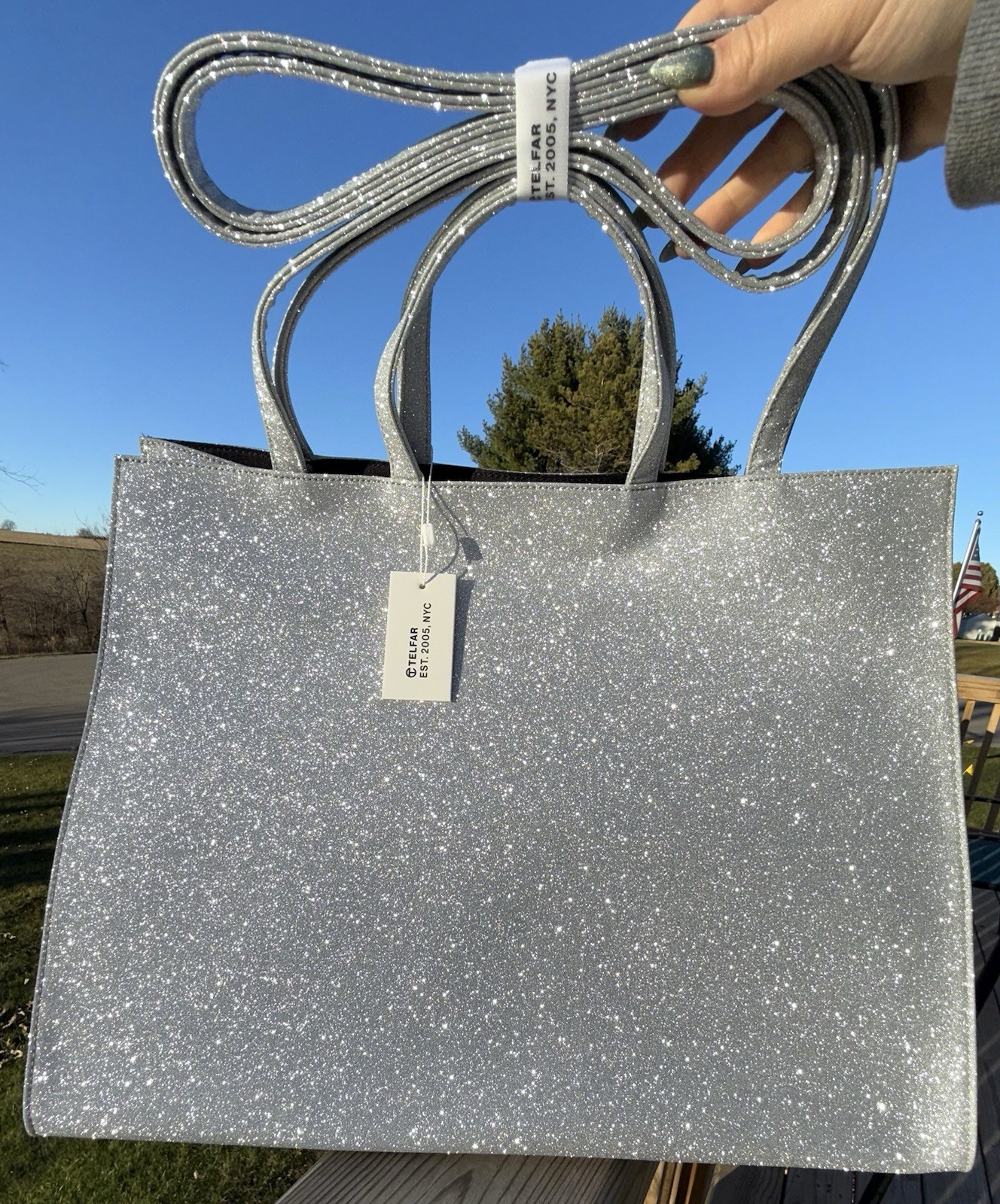 AUTHENTIC BRAND NEW Telfar Large Shopping Bag Glitter Silver NEVER USED