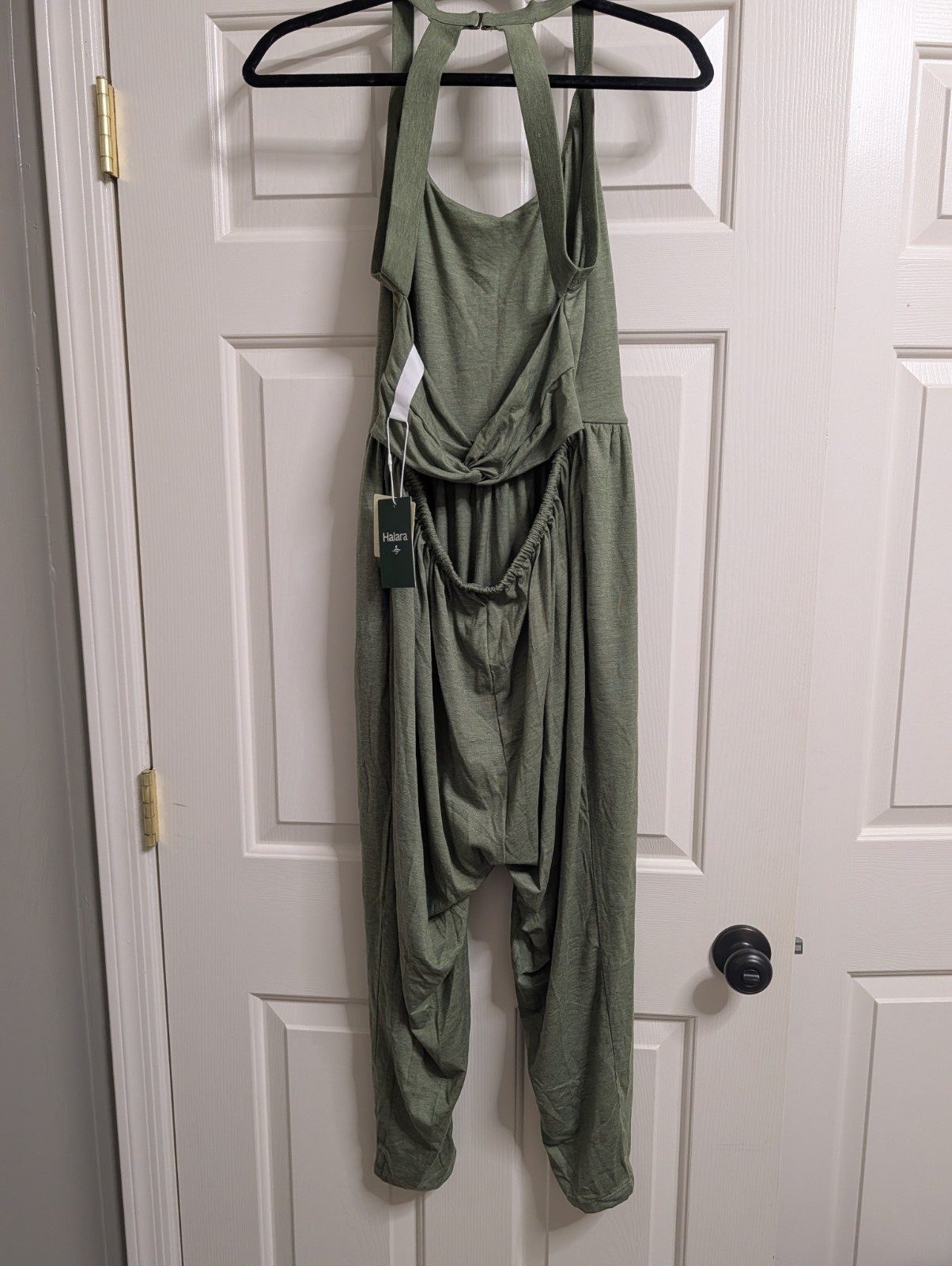 Halara Women’s Green Halter Twist Front Knit Stretch Jumpsuit Relaxed Fit L