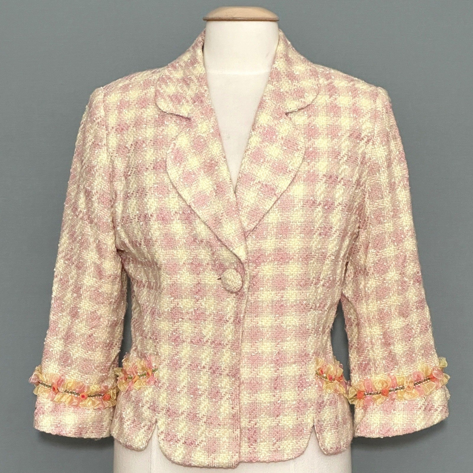 Boho Chic Womens Jacket 12 Pastel Pink Tweed Ribbon Ruffle Feminine Coquette