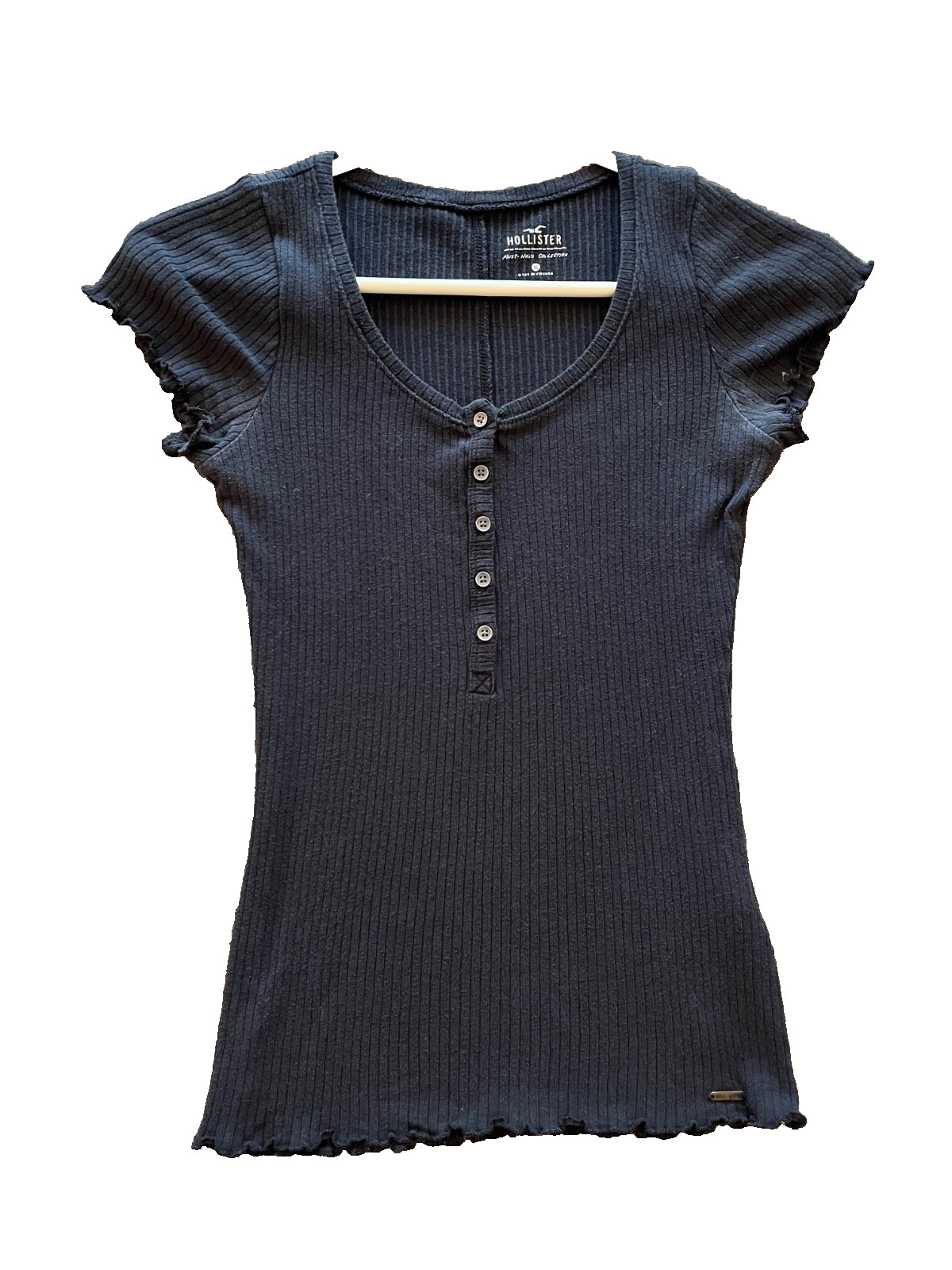 Hollister black ribbed lettuce hem henley top – Size XS