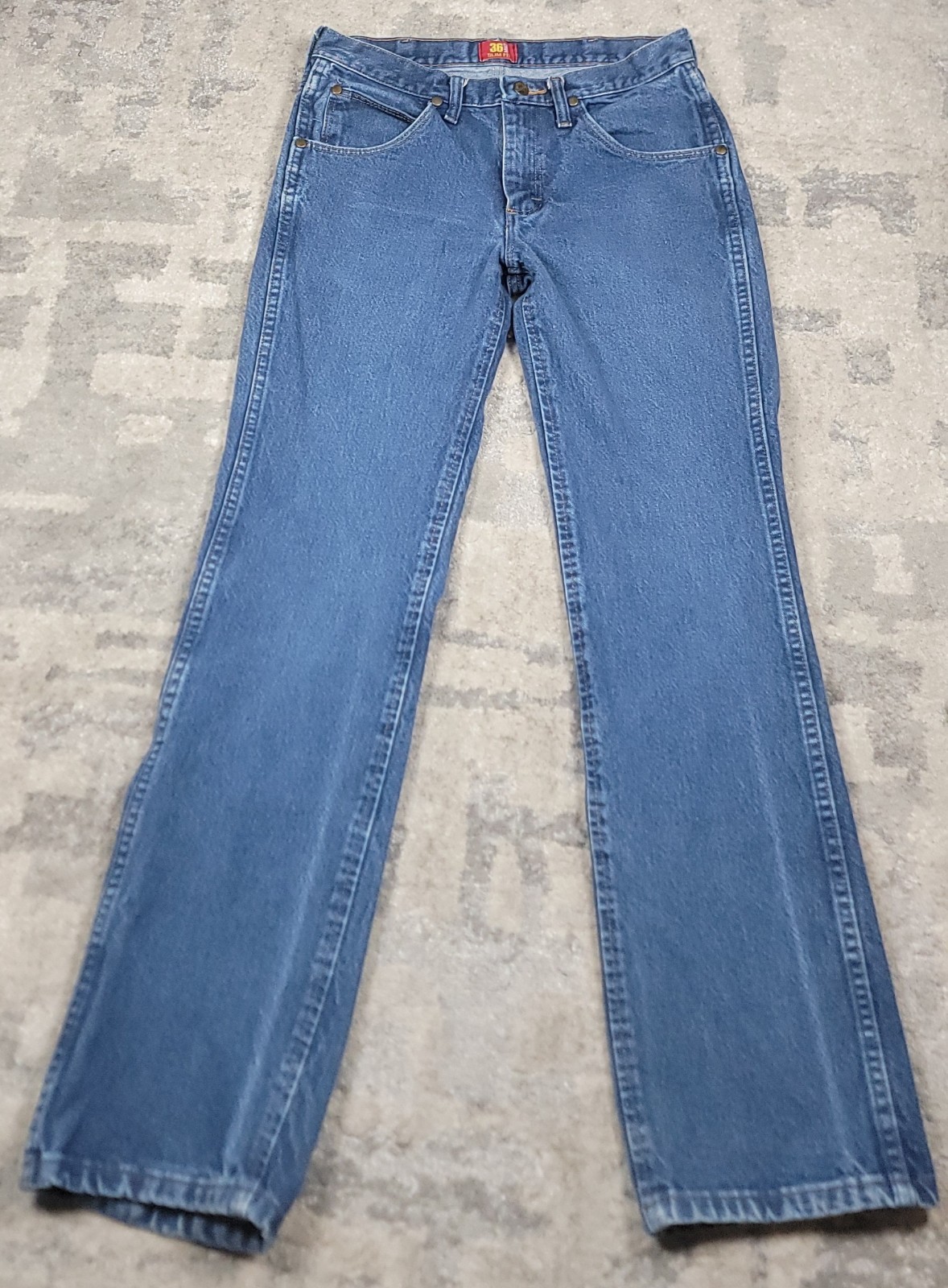 WRANGLER 36 MWZ Logo Slim Fit Men’s Cowboy Cut Blue Demin Jeans Sz 29×32