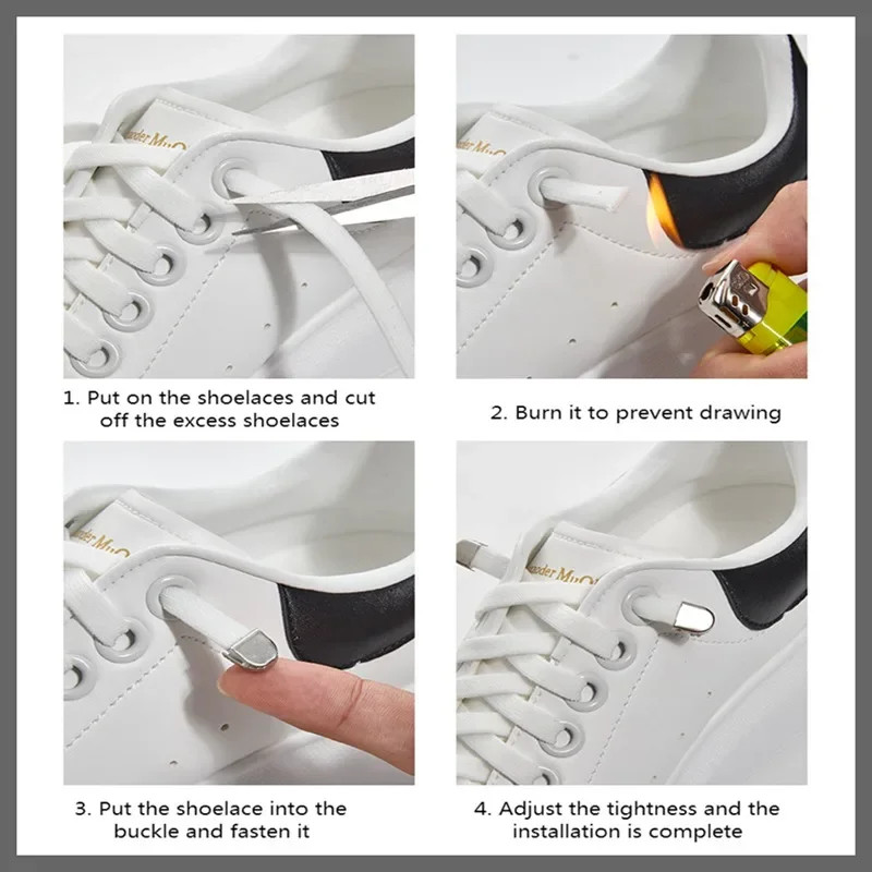 Flat Shoelaces Without Ties End Silver Metal Buckle Elastic Laces for Sneakers R