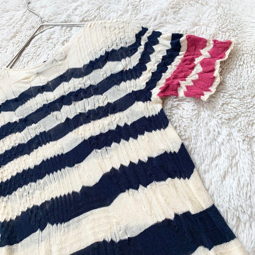 M.&KYOKO Silk Blend Short Sleeve Striped Knee Dress Size 1 Ivory Navy Pink Auth