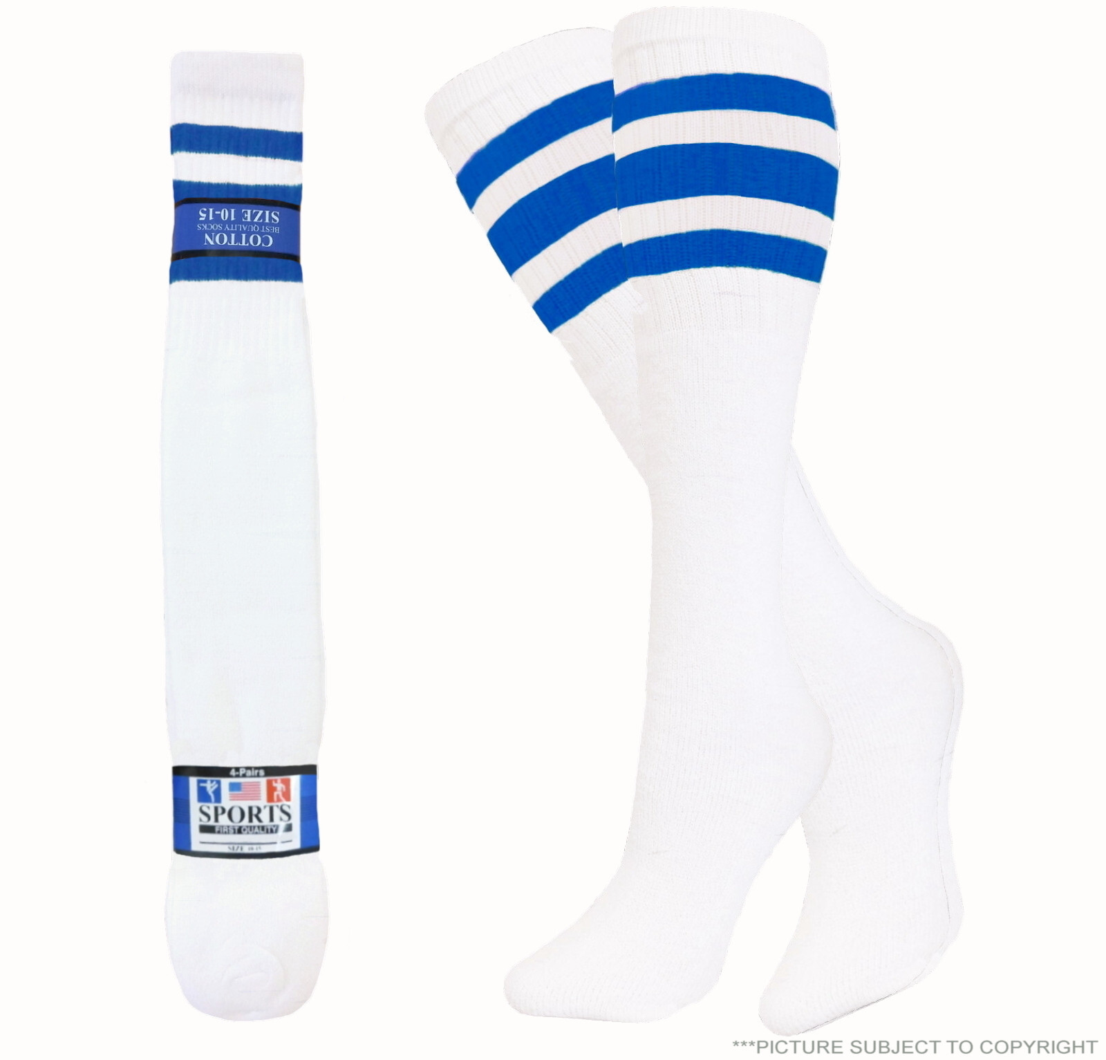 4 PAIRS TUBE SOCKS HI CALF WHITE ROYAL BLUESTRIPES LONG SOCKS 21 INCH SIZE 10-15