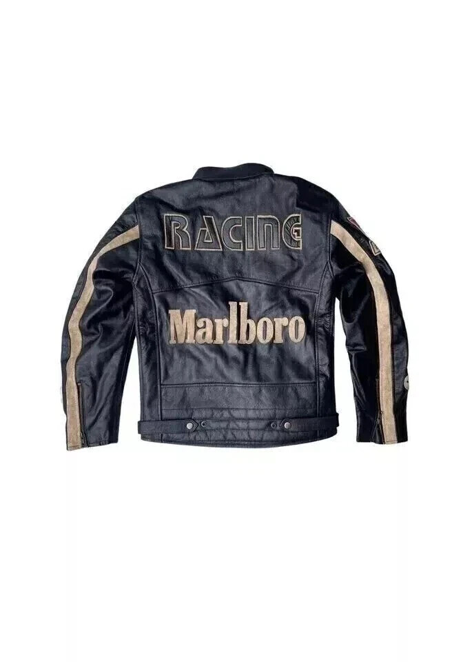 Men Marlboro Leather Jacket Motorcycle Racing Black Biker Vintage Jacket