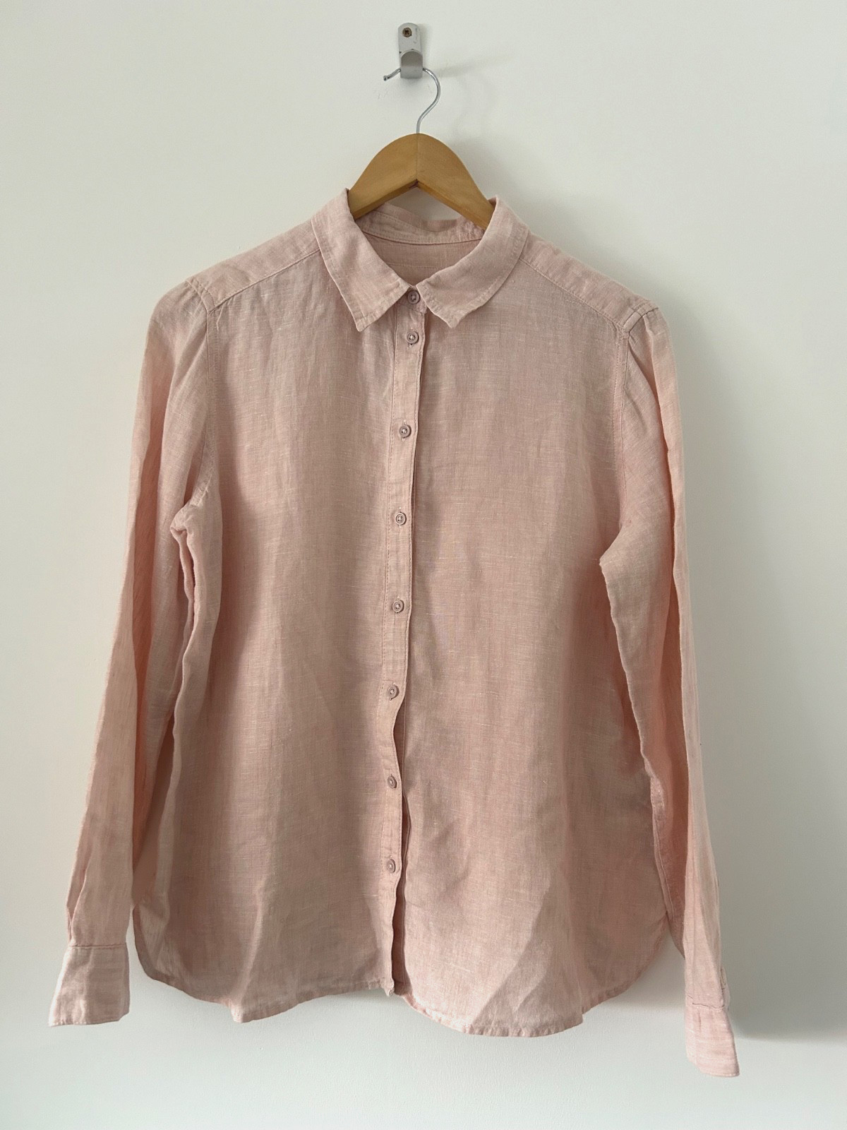 M&S Pure Linen Shirt Blouse Size 12 Pale Pink Long Sleeve Summer Holiday VGC