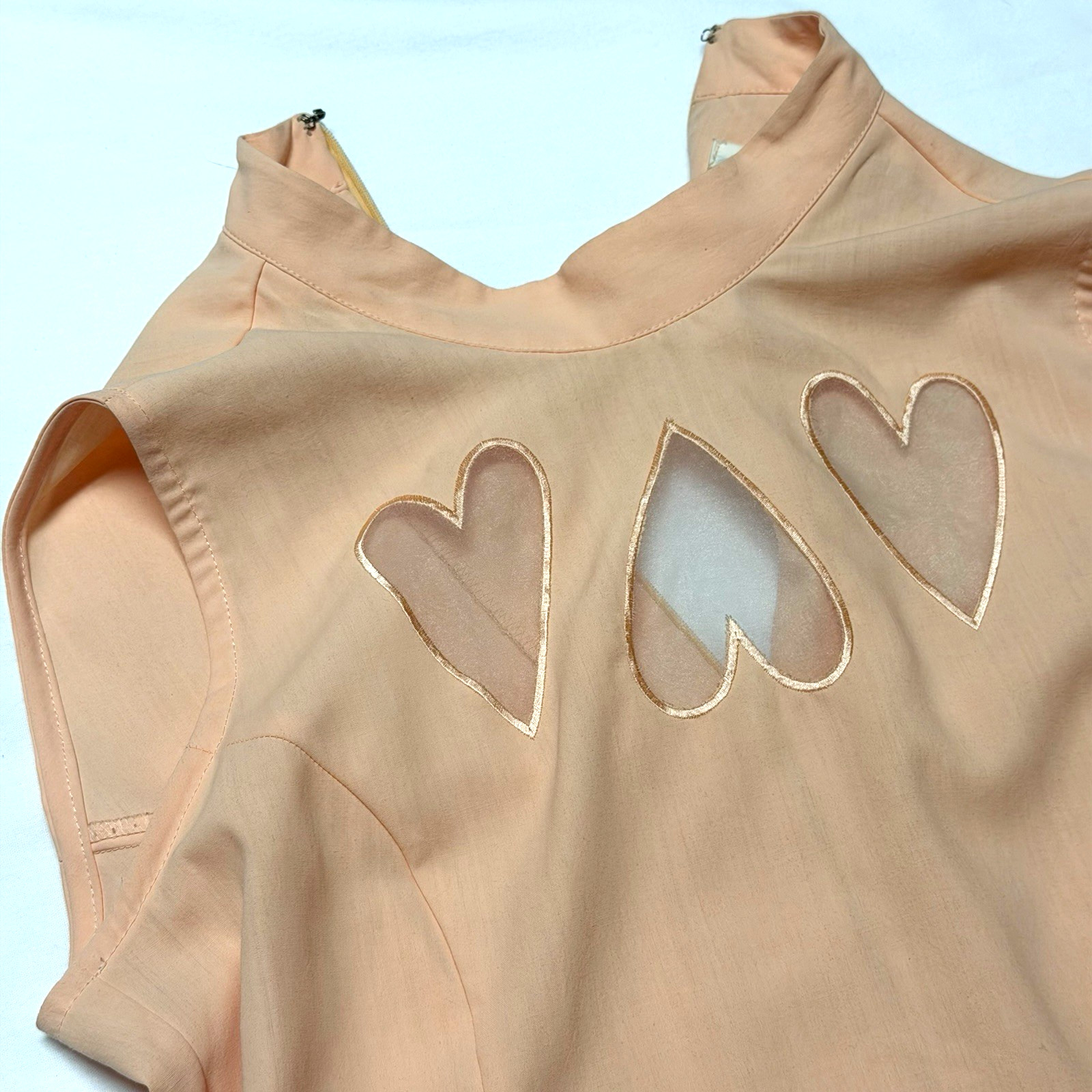 Vintage 90s Seize Sleeveless Mock Neck Top Salmon Pink Heart Cutout Sheer S Y2K