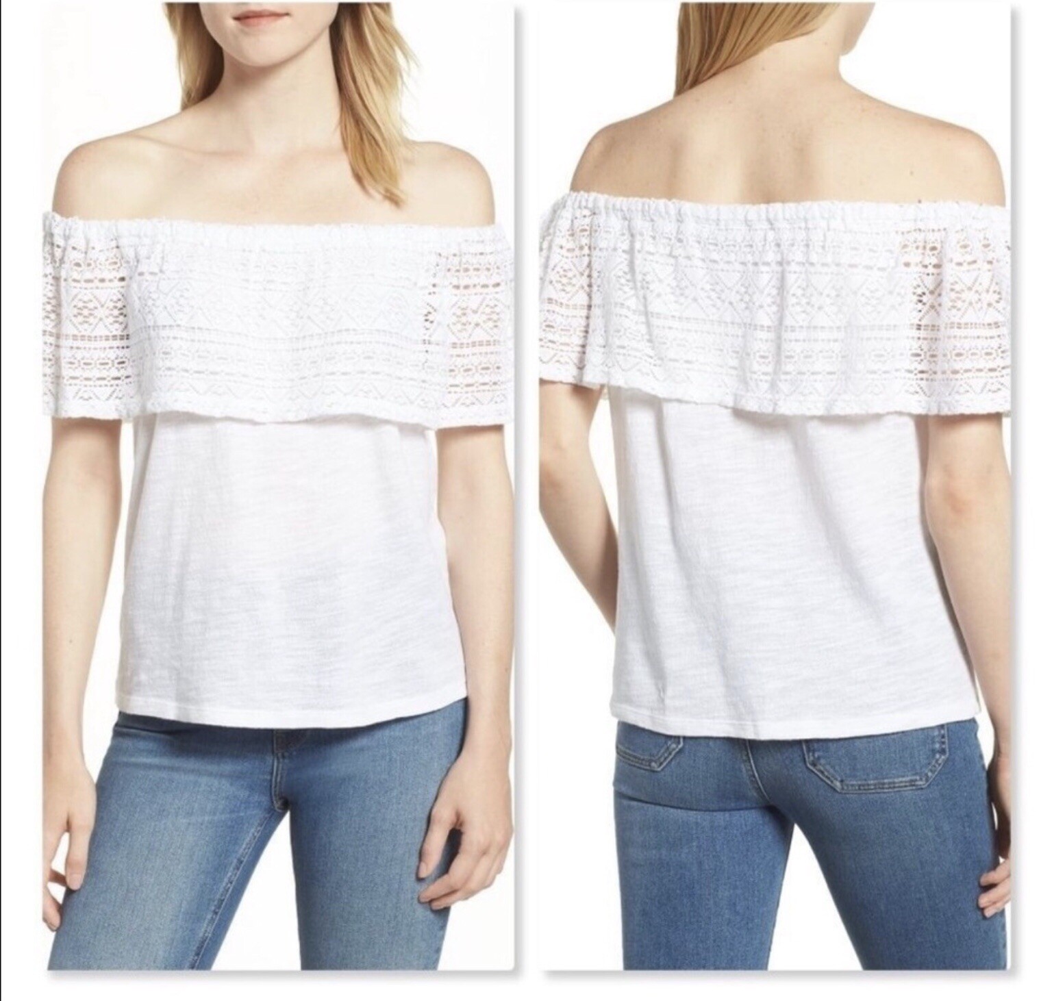 Lucky Brand White Lace Crochet Ruffle Off the Shoulder Top S