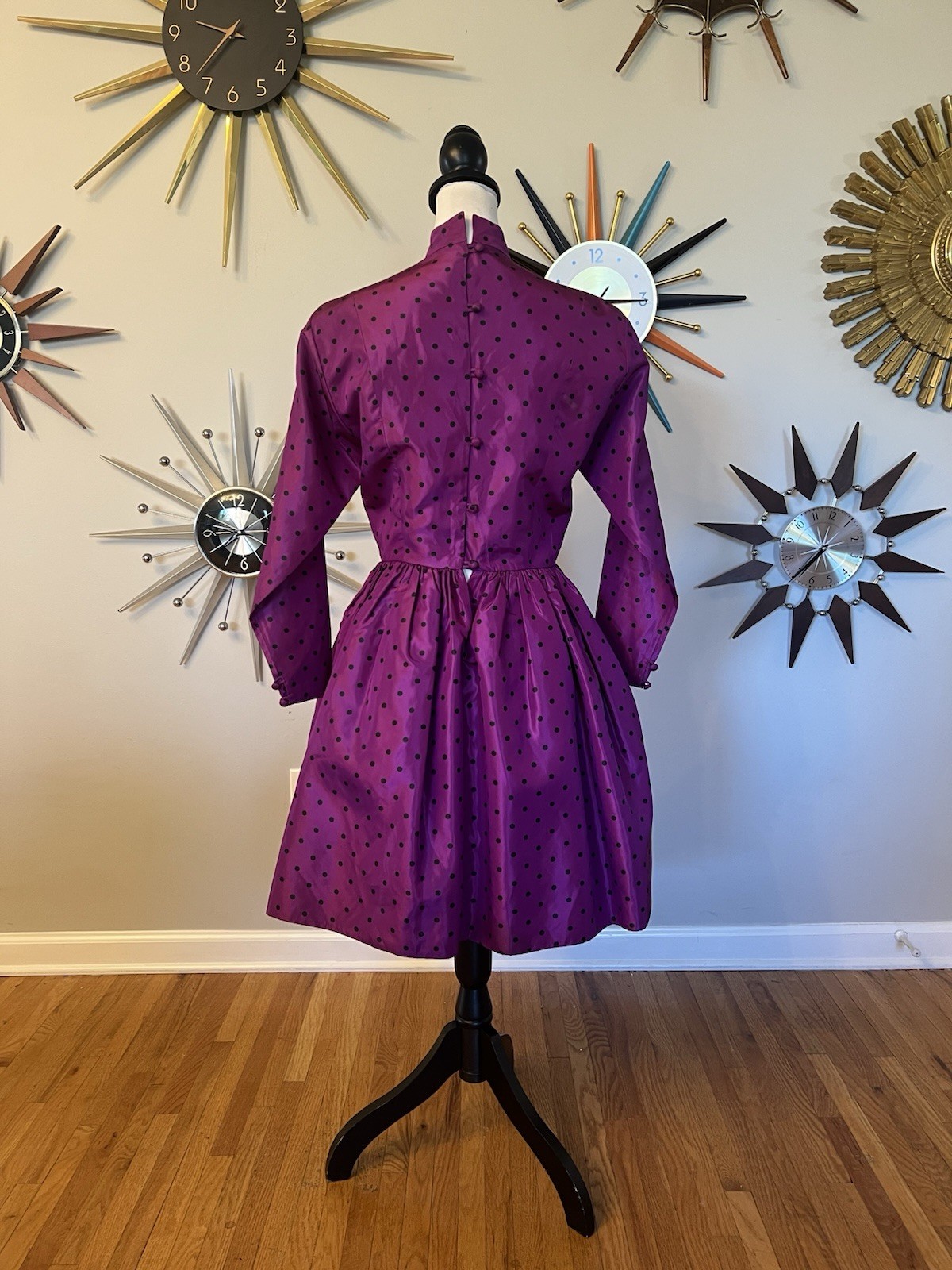 VTG 80s Willi Smith WilliWear 6 Taffeta Dress Purple Black Polkadots Pouf Skirt