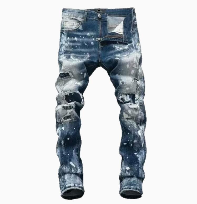Men’s Blue Denim Jeans Ripped Motorcycle Casual Punk Hip Hop Trousers Pants New