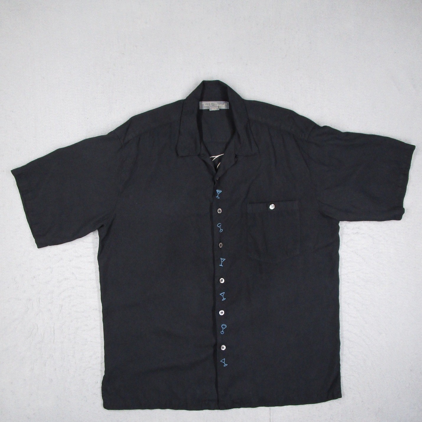 Tori Richard Mens Shirt Large Black Silk Just Chillin Martini Camp Loop Collar