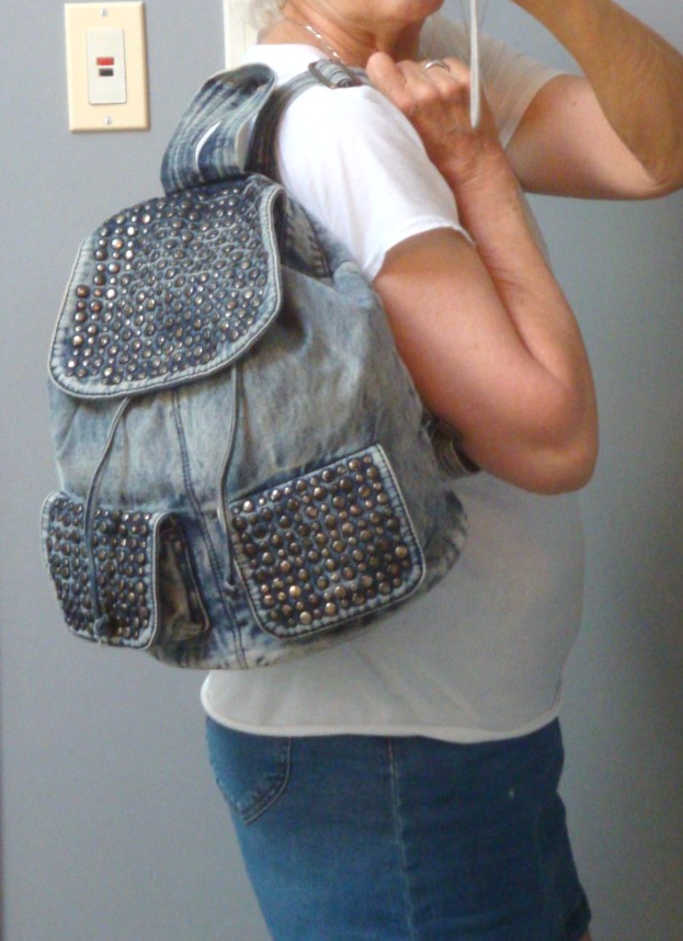 STREET LEVEL Denim Backpack Studded Boho Hobo Hippie Biker School Sling Bag Tote