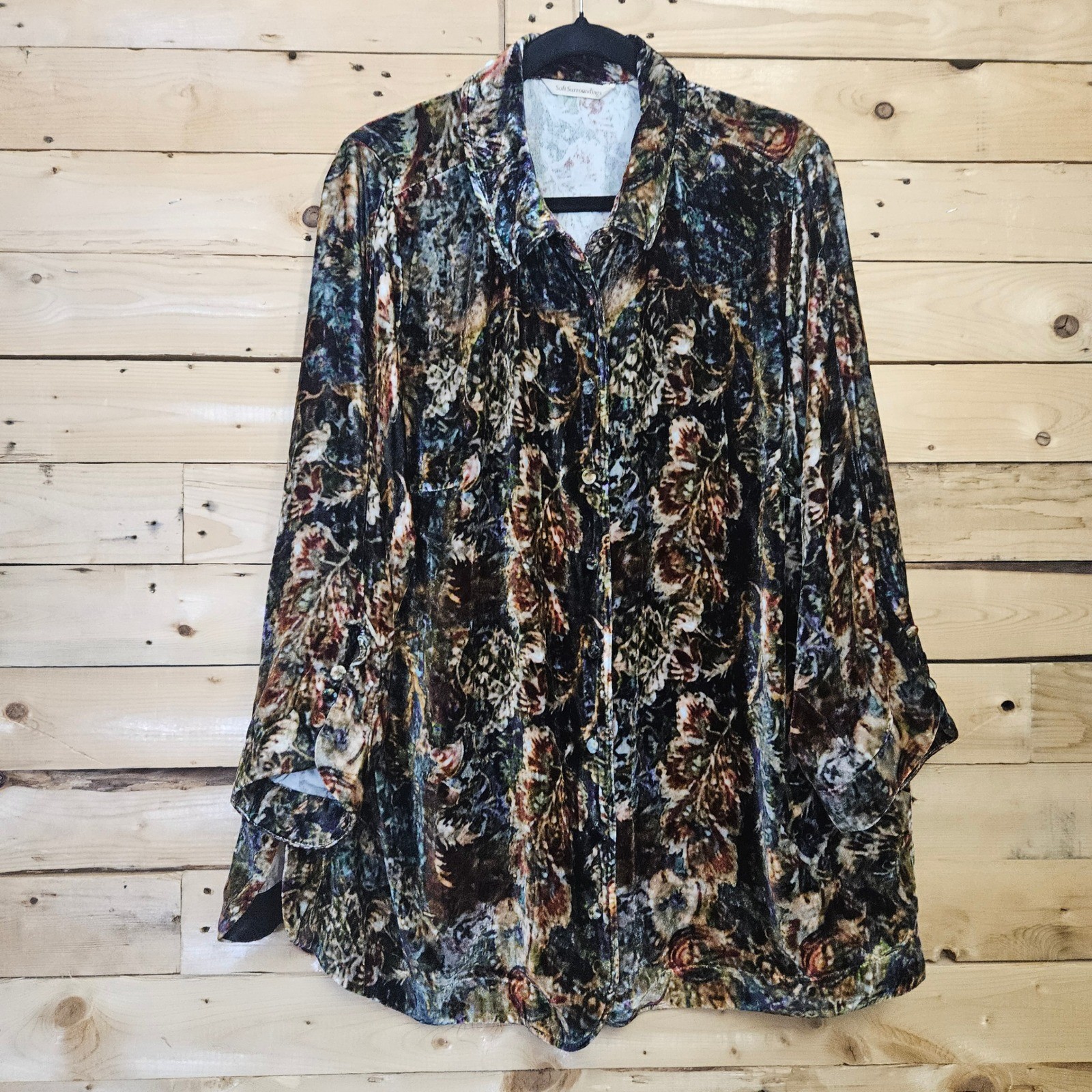 Soft Surroundings Silk Blend Velvet Floral Tapestry Button Down Shirt 1X 5EM11
