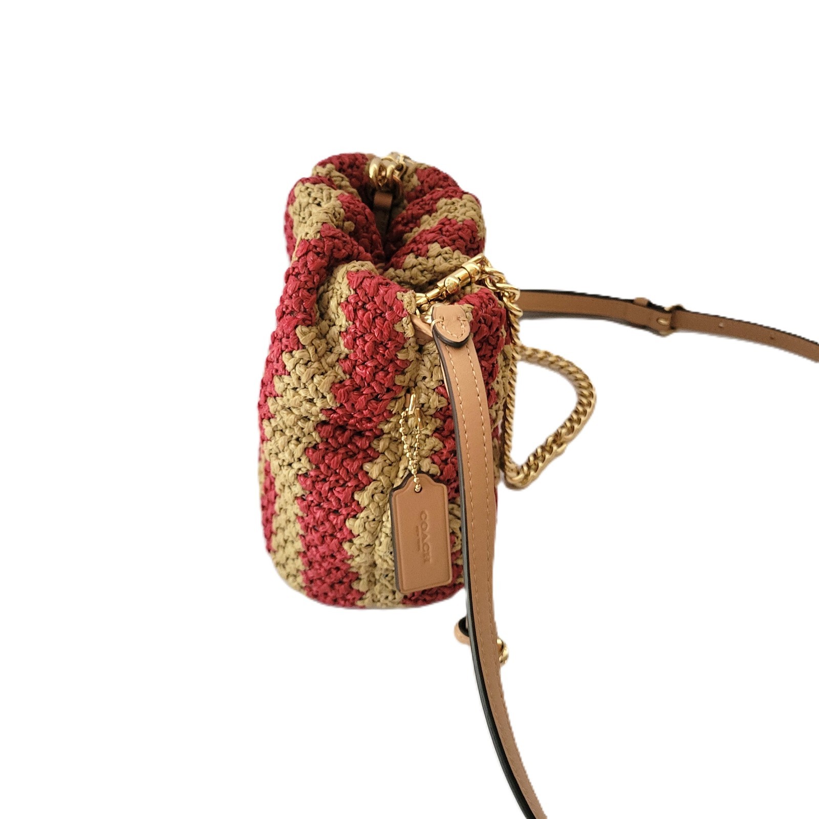 Coach CEN17 Faye Mini Drawstring Straw Crossbody Red Tan Gold Striped Handbag