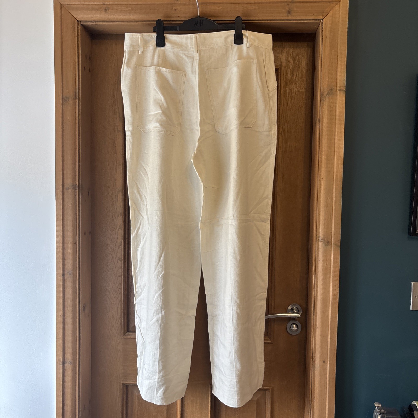 BNWOT Marks & Spencer Beige Linen Mix Wide-Leg tailored Trousers Size 16 Long