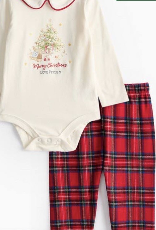 Peter Rabbit 9-12 Months ~ Christmas Cream Bodysuit & Red Tartan Trousers