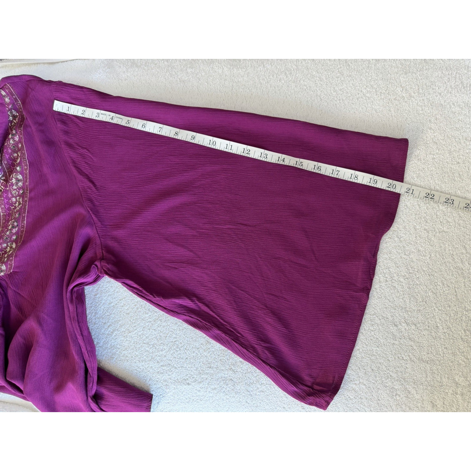 Frye And Co Top 3/4 Bell Sleeve Split Tie Neck Yoke Detail Burgundy Boho Sz-XXL