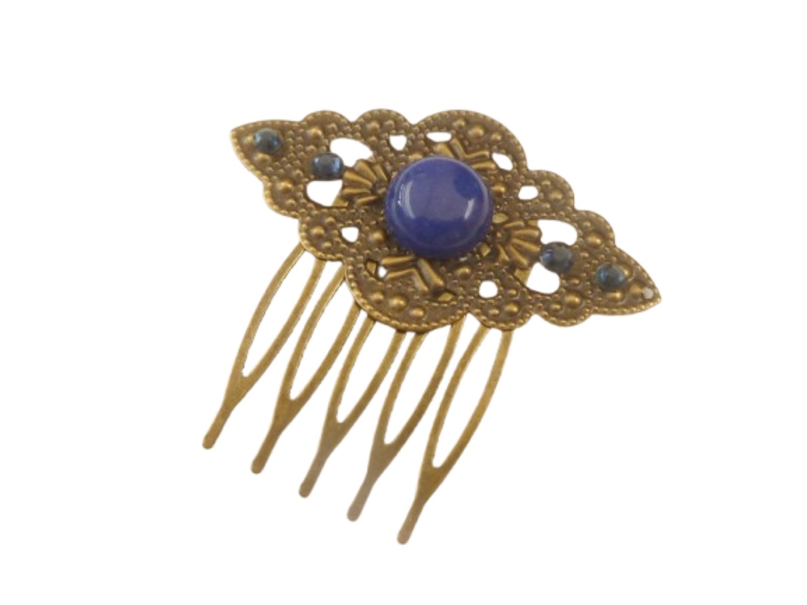 Small Gemstone Hair Comb with Lapis Lazuli Bronze Tone Unique Hair Accessories