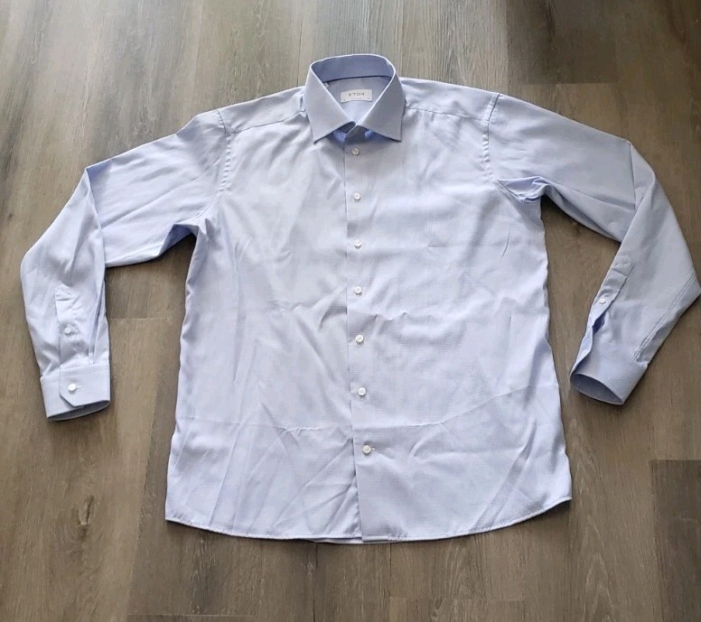 Eton Blue Print Contemporary All Cotton L/S Dress Shirt Sz 17.5/44 Quiet Luxury