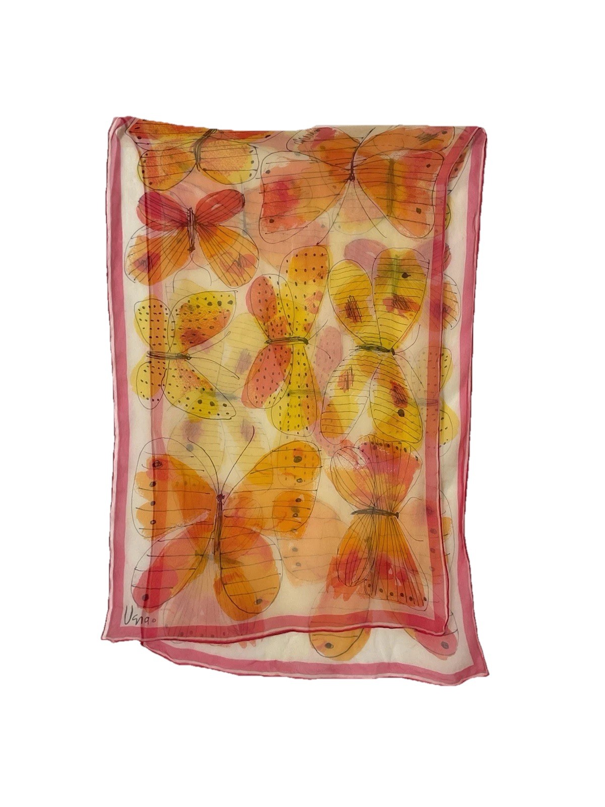 # VERA women’s Stunning Silk Scarf W Vibrant Butterflies Print 44″/15″ G.CON