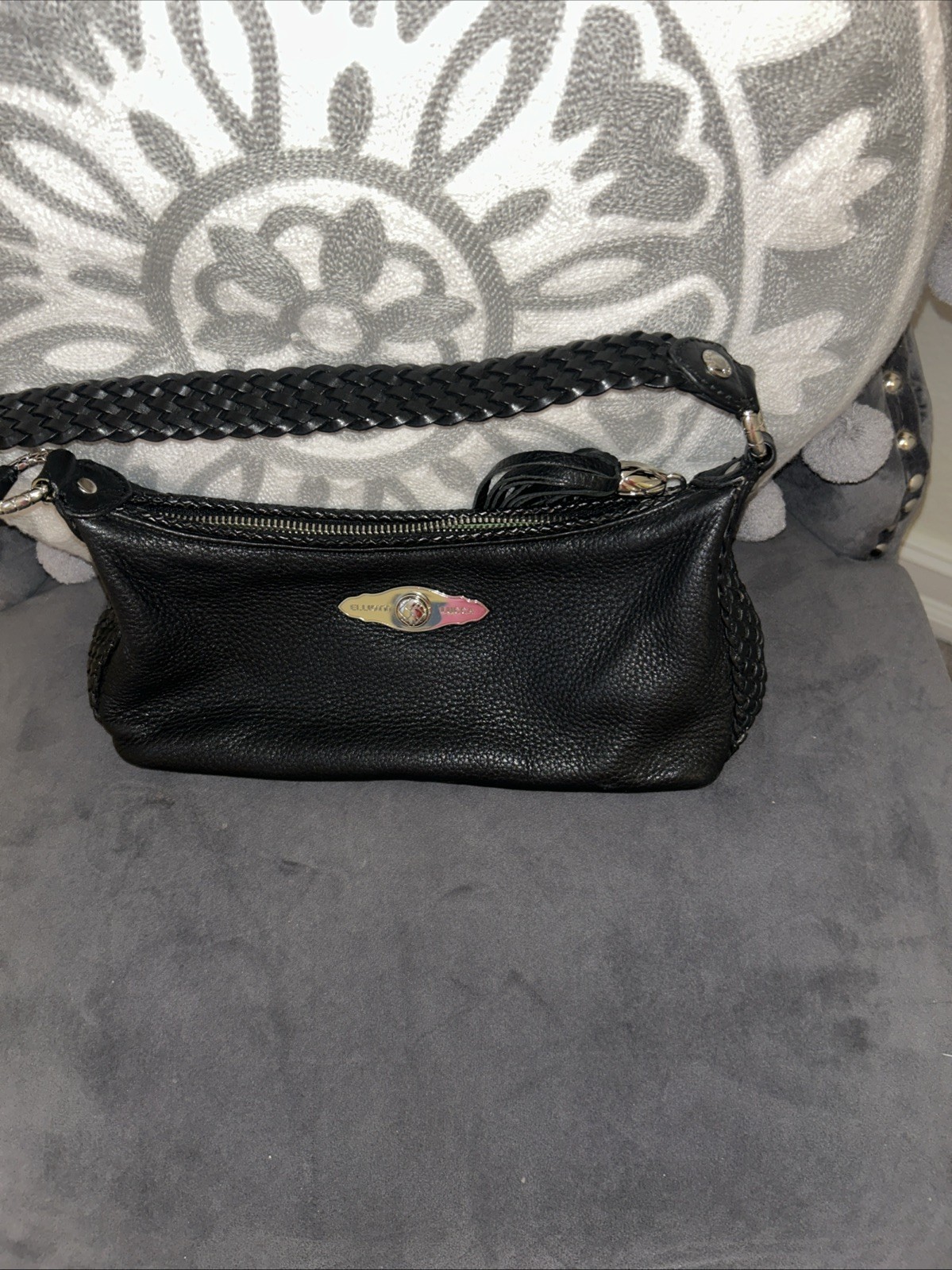 Elliott Lucca Black Pebbled Leather Braided Strap Tassel Baguette Bag PURSE