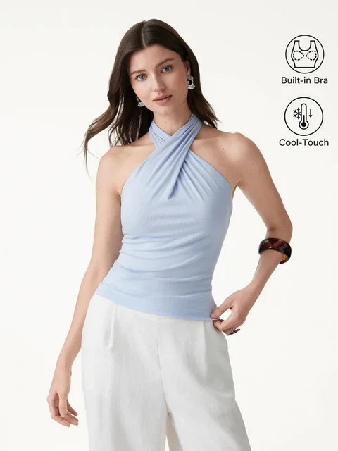 OGL Criss Cross Halter Neck Going-Out Bra Top, Dew Sky Blue (NEW)