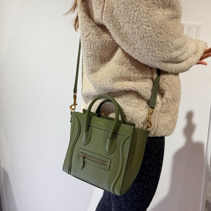 CELINE Luggage Nano Shopper Hand Bag Green Leather Gold Tone