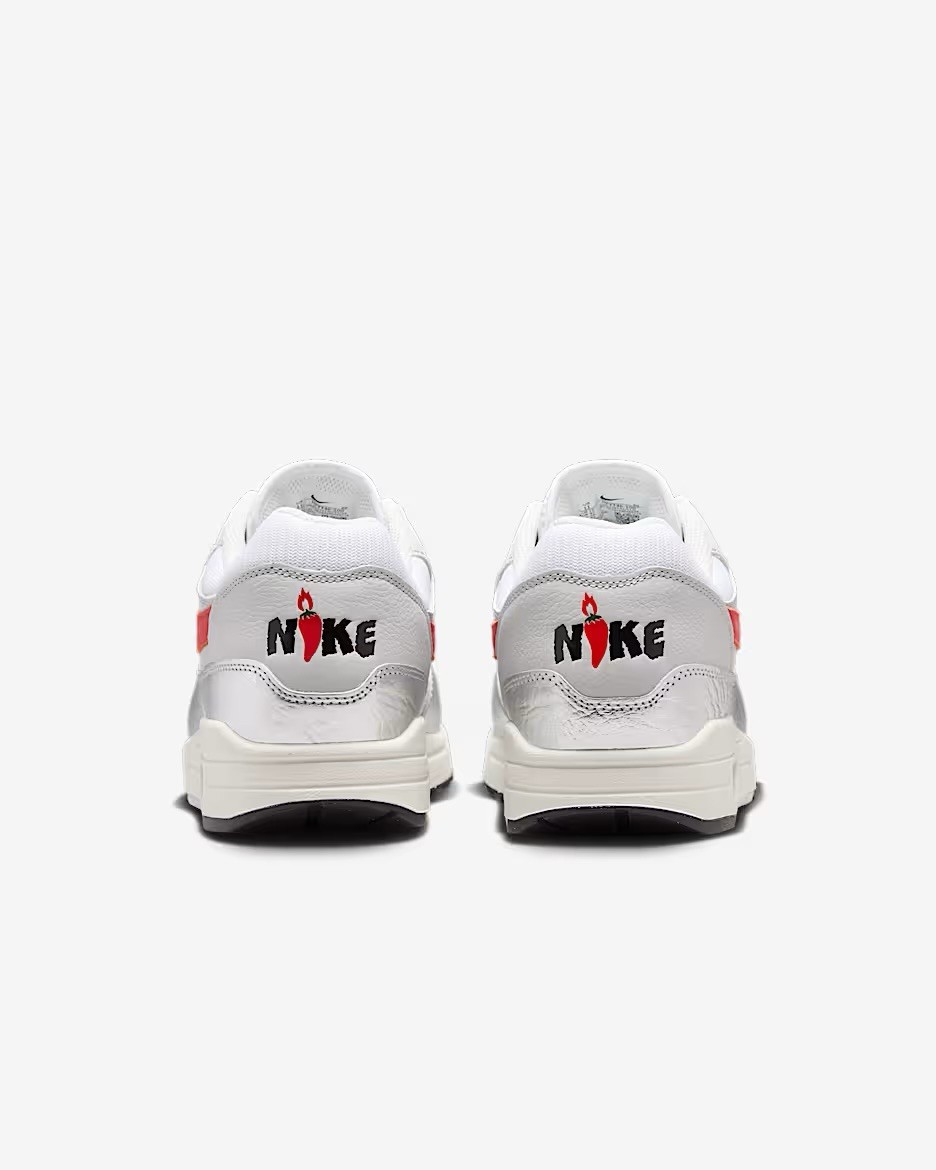Men Nike Air Max 1 Premium Athletic Shoes White/Metallic Silver/Red HF7746-100
