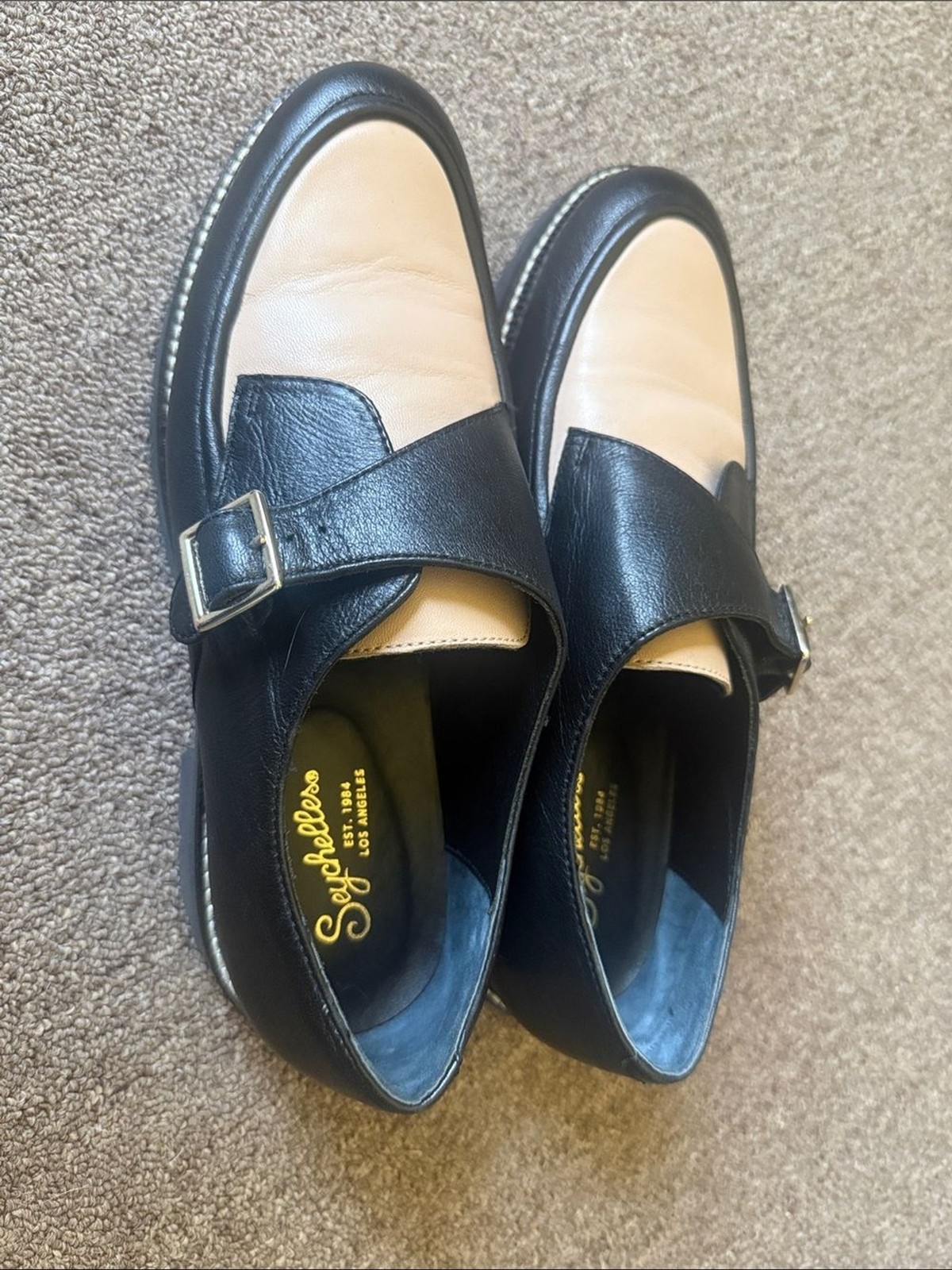 Seychelles Catch Me leather monk strap loafers in black and cream | Size 9