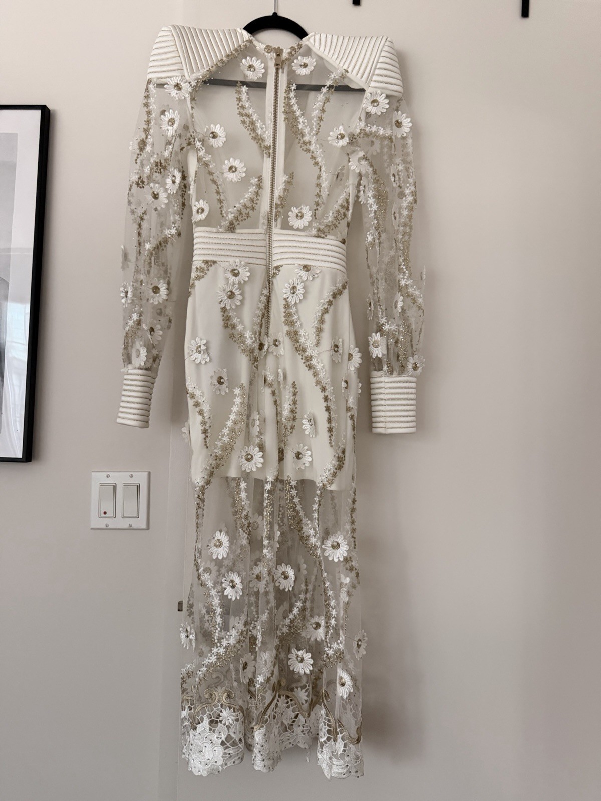ZHIVAGO White Floral Embroidered Lace Sheer Maxi Dress V-Neck Zip Size 2